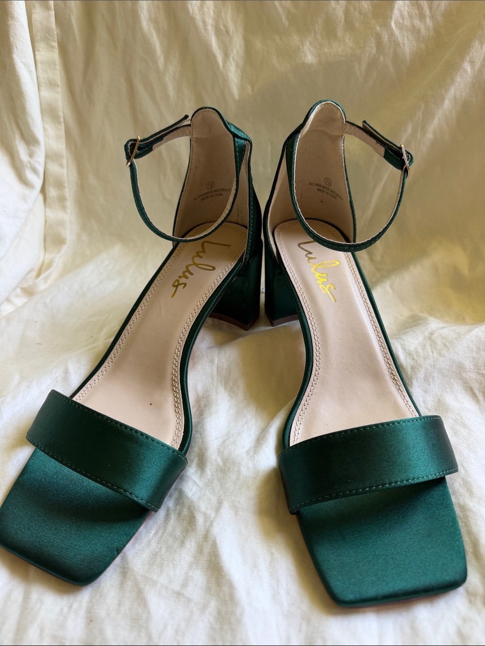 Lulus Dark Green Satin Ankle-Strap Block Heels